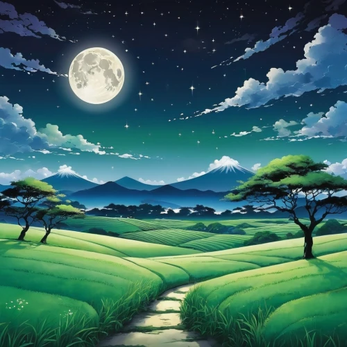 landscape background,moonlit night,cartoon video game background,lunar landscape,night scene,green landscape,nature background,moonscape,moon and star background,moon valley,kawase,moonlit,moon night,windows wallpaper,japan landscape,dreamscape,nature landscape,yazaki,high landscape,moonesinghe,Illustration,Japanese style,Japanese Style 04