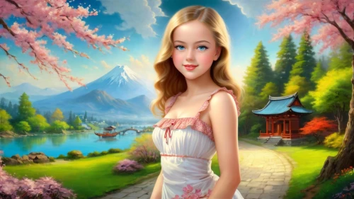 fantasy picture,landscape background,fantasy art,celtic woman,photo painting,fairy tale character,japanese sakura background,art painting,springtime background,spring background,world digital painting,background view nature,nature background,qabalah,creative background,3d fantasy,tuatha,dorthy,children's background,3d background