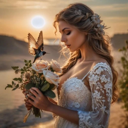 beautiful girl with flowers,romantic look,romantic portrait,holding flowers,sun bride,wedding photo,flower fairy,elopement,faerie,faery,flower in sunset,bridal,enchanting,white butterflies,the bride,bride,enchantment,with a bouquet of flowers,fairy,winged heart