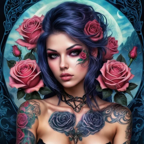 viveros,tattoo girl,purple rose,blue rose,porcelain rose,blue moon rose,bella rosa,fantasy portrait,rosa,widow flower,with roses,fantasy art,romantic rose,roses,tattooist,flower rose,black rose,rosson,sky rose,wild roses,Illustration,Realistic Fantasy,Realistic Fantasy 37