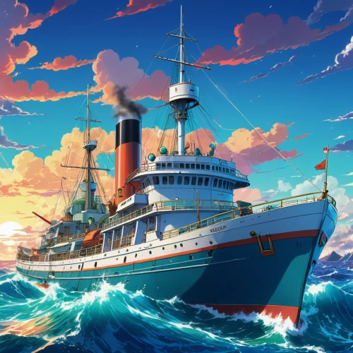 oceanliner,sea fantasy,aquitania,schoolship,ocean liner,schip,caravel,britannic,yamatai,westerdam,commandeer,kronprinz,troopship,skyship,training ship,hausser,releasespublications,scarlet sail,ship,cruiser aurora,Illustration,Japanese style,Japanese Style 03