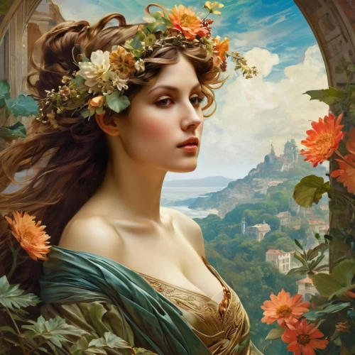 girl in a wreath,emile vernon,fantasy portrait,girl in flowers,persephone,flora,maenad,fantasy art,romantic portrait,bacchante,wreath of flowers,artemisia,splendor of flowers,ariadne,floral wreath,hermia,faery,primavera,beautiful girl with flowers,mystical portrait of a girl,Conceptual Art,Fantasy,Fantasy 05