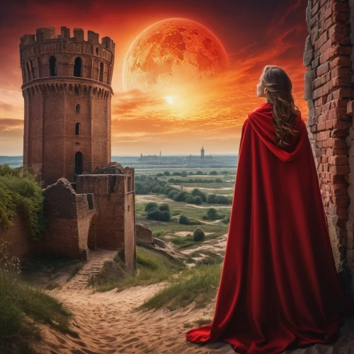 fantasy picture,red cape,red tunic,fantasy art,seregil,donjon,forteresse,photo manipulation,cersei,red coat,castle of the corvin,dunsinane,beleriand,castles,photomanipulation,man in red dress,heroic fantasy,camelot,ruined castle,redwall,Photography,General,Fantasy