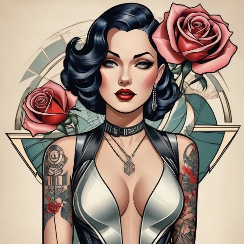 valentine pin up,baroness,tattoo girl,watercolor pin up,valentine day's pin up,retro pin up girl,widow flower,pin up girl,rockabilly style,bettie,viveros,chicana,pin ups,porcelain rose,rockabilly,tattooist,retro pin up girls,bella rosa,arrow rose,rose flower illustration,Illustration,Vector,Vector 18