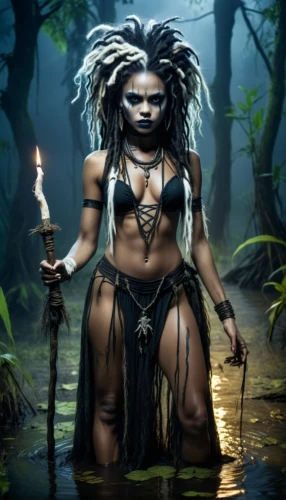 vodun,witchdoctor,warrior woman,voodoo woman,obeah,maliana,niobe,aborigine,orishas,female warrior,shamanic,hekate,amazonian,nzinga,african art,demoness,african woman,black queen,ninhursag,priestess,Illustration,Realistic Fantasy,Realistic Fantasy 46