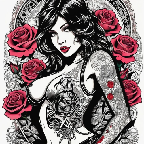 valentine pin up,valentine day's pin up,chicana,baroness,chicanas,viveros,rosson,faile,rose flower illustration,red rose,red roses,tattoo girl,rockabilly,rockabilly style,tattoo expo,retro pin up girl,chicano,queen of hearts,flamenca,winehouse,Illustration,Vector,Vector 21