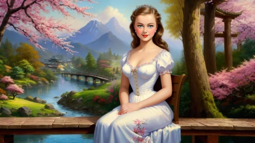 girl on the river,landscape background,fantasy picture,springtime background,art painting,girl in a long dress,woman sitting,photo painting,ninfa,spring background,fantasy art,aerith,duchesse,romantic portrait,maureen o'hara - female,girl on the boat,the blonde in the river,oil painting,godward,japanese sakura background