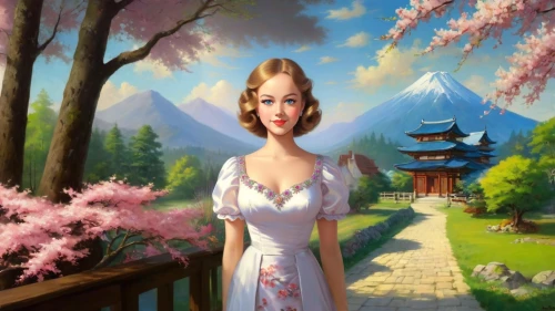 kunqu,cheongsam,japanese sakura background,fantasy picture,hanfu,landscape background,yuanpei,japanese background,world digital painting,innkeeper,oriental princess,asian woman,mountain scene,japanese woman,jianyin,qipao,girl in a long dress,jasmine blossom,qixi,kuanyin