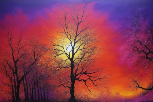 painted tree,forest landscape,red tree,oil painting on canvas,purple landscape,autumn landscape,bare trees,halloween bare trees,burning bush,forest fire,autumn trees,art painting,autumn tree,oil painting,landscape red,bare tree,winter landscape,arbres,abstract painting,autumn forest,Illustration,Realistic Fantasy,Realistic Fantasy 25