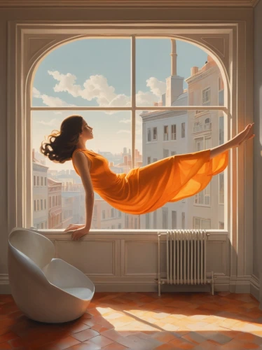 heatherley,vettriano,the girl in the bathtub,windowsill,window seat,window sill,woman laying down,reclining,dossi,dubbeldam,bathtub,bedroom window,window to the world,window curtain,orange blossom,open window,woman on bed,photorealist,relaxed young girl,window view,Illustration,Vector,Vector 12