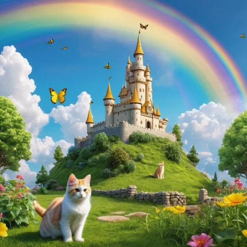 fantasy picture,pot of gold background,rainbow background,skyclan,riverclan,children's background,thunderclan,fairyland,rainbow bridge,felids,windclan,unicorn and rainbow,cat image,background colorful,raimbow,colorful background,rainbows,licorne,magical adventure,cat pageant,Photography,General,Realistic