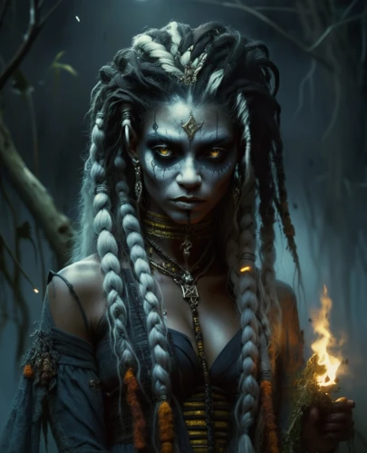 maliana,voodoo woman,vodun,niobe,dark elf,fantasy portrait,enchantress,witchdoctor,yavana,fantasy art,the enchantress,rasputina,blue enchantress,warrior woman,sorceress,kalima,demoness,drow,priestess,shamanic,Illustration,Realistic Fantasy,Realistic Fantasy 04