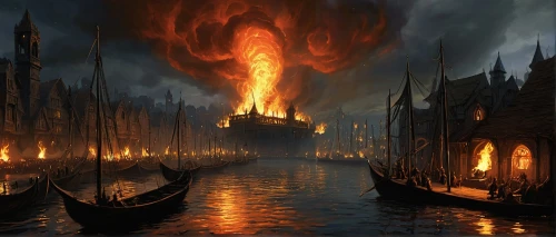 lake of fire,the conflagration,firelands,infernal,enflaming,conflagration,cataclysm,walpurgisnacht,city in flames,pyromania,burning torch,fire background,fantasy picture,conclave,oriflamme,irminsul,flamel,inferno,witchfire,burned pier,Illustration,Black and White,Black and White 12