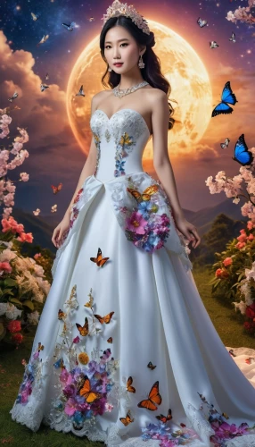 fantasy picture,butterfly background,fairy tale character,flower fairy,huyen,oriental princess,fairy queen,flower background,wedding gown,bridal gown,bridal dress,wedding dresses,dressup,xueying,image manipulation,phuong,landscape background,rosa 'the fairy,wedding dress,yunwen,Photography,General,Realistic