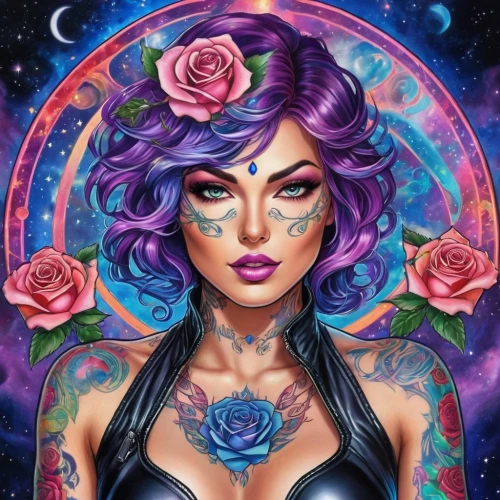 zodiac sign libra,purple rose,zodiac sign gemini,mesmero,viveros,electra,sky rose,liliana,la violetta,fantasy portrait,megara,leota,bella rosa,zodiac sign leo,catrina calavera,bruja,aquarius,horoscope libra,violetta,libra,Illustration,Realistic Fantasy,Realistic Fantasy 20