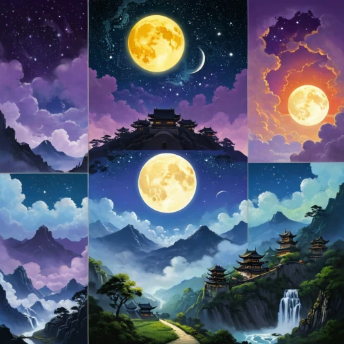 mid-autumn festival,backgrounds,moons,moon and star background,moon phases,cartoon video game background,background design,lanterns,phase of the moon,cool backgrounds,moonscapes,background vector,lunar phases,moon addicted,landscape background,moonlit night,ramadan background,world digital painting,dreamworks,fantasy landscape,Art,Classical Oil Painting,Classical Oil Painting 32