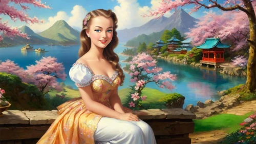 fantasy picture,oriental princess,japanese sakura background,landscape background,oriental painting,spring background,springtime background,oriental girl,fantasy art,girl on the river,hula,fairy tale character,pocahontas,girl in flowers,shennong,flower background,kunqu,jasmine,portrait background,anarkali