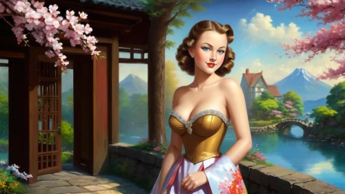 cheongsam,oriental princess,girl on the river,fantasy picture,oriental painting,spring background,world digital painting,springtime background,oriental girl,girl in a long dress,qixi,yuanpei,tretchikoff,retro pin up girl,landscape background,qipao,magnolia,japanese sakura background,magnolia blossom,fantasy art