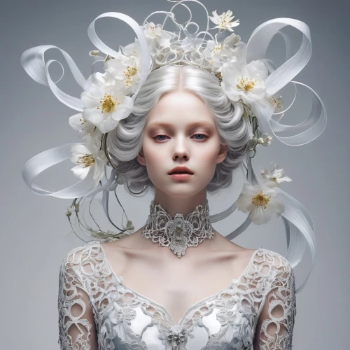white rose snow queen,jingna,the snow queen,peignoir,suit of the snow maiden,elven flower,white blossom,fairy queen,adornment,white lady,flower fairy,vespertine,faery,white silk,white petals,filigree,moonflower,scent of jasmine,circlet,spring crown,Photography,General,Realistic