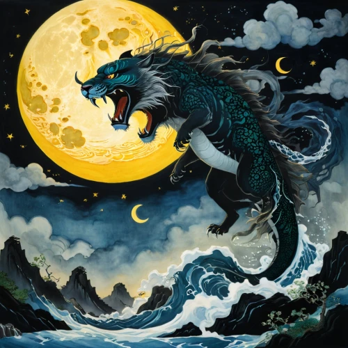 fenrir,howling wolf,moondragon,seawolf,constellation wolf,werewolve,katsumata,lycanthropy,werewolves,barghuti,dragon of earth,werewolf,barghest,lycanthrope,kelpie,loup,wolfen,fantasy animal,blackwolf,kindred,Illustration,Retro,Retro 25