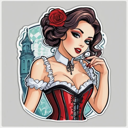 valentine pin up,paris clip art,fairy tale icons,victorian lady,queen of hearts,victoriana,clipart sticker,valentine day's pin up,isabela,belle,corsets,rockabella,victorian style,flamenca,corset,disney rose,countess,retro pin up girl,victorian,watercolor pin up,Unique,Design,Sticker