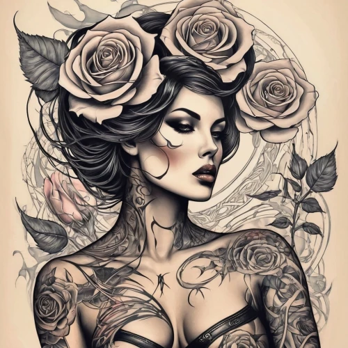 viveros,tattoo girl,rosson,porcelain rose,rose flower illustration,black rose,widow flower,tattooist,vanderhorst,boho art style,baroness,rose flower drawing,persephone,gardenias,boho art,magnolia,watercolor pin up,tattoo artist,magnolias,sleeve,Illustration,Black and White,Black and White 07