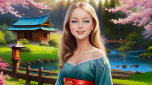 fairy tale character,hanfu,fantasy picture,japanese sakura background,princess anna,celtic woman,mulan,storybook character,songling,shannxi,oriental princess,jingqian,shennong,jasmine blossom,landscape background,tuatha,kokia,qibao,jinling,guqin