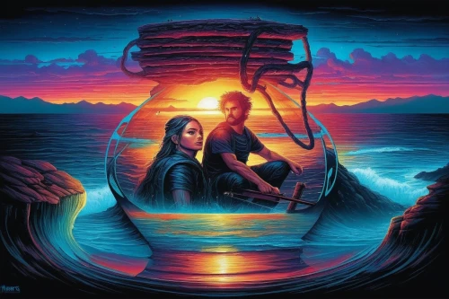 lurianic,sabriel,coracle,sailing ship,two-handled sauceboat,struzan,pescadores,romantic scene,fantasy picture,the people in the sea,water boat,boatpeople,phoenicians,isildur,tour to the sirens,el mar,perahu,hadrianic,sailing,saawariya,Illustration,Realistic Fantasy,Realistic Fantasy 25
