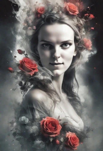 persephone,margaery,behenna,way of the roses,seelie,unseelie,margairaz,scent of roses,immortelle,nimue,image manipulation,aslaug,wild roses,white rose snow queen,photo manipulation,red rose,photoshop manipulation,faery,red roses,hecate