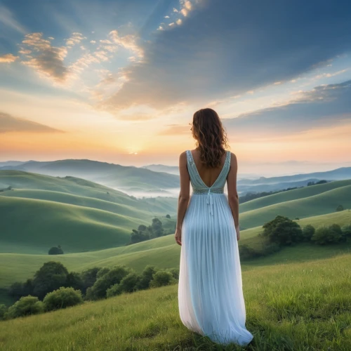 landscape background,girl in a long dress,celtic woman,beautiful landscape,landscapes beautiful,countrywoman,eurythmy,nature background,girl in a long dress from the back,girl in white dress,windows wallpaper,background view nature,forwardly,meadow landscape,horizons,spiritual environment,landscape photography,beauty in nature,urantia,nature wallpaper,Photography,General,Realistic