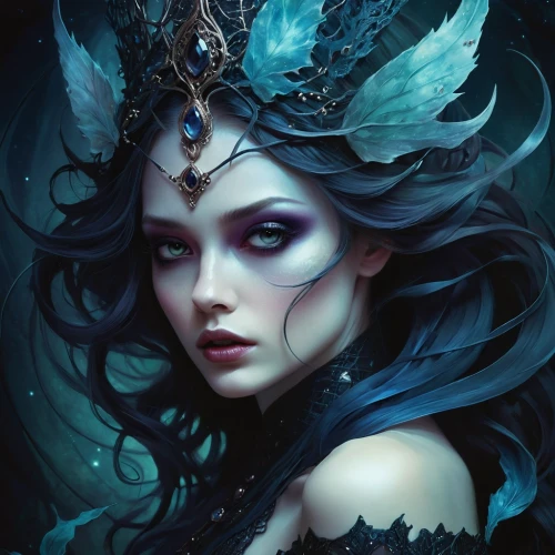 blue enchantress,queen of the night,fantasy art,fantasy portrait,faery,faerie,the enchantress,hecate,fairy queen,demoness,seelie,enchantress,sorceress,undine,sirene,maleficent,evil fairy,fairie,amphitrite,black queen,Illustration,Realistic Fantasy,Realistic Fantasy 15