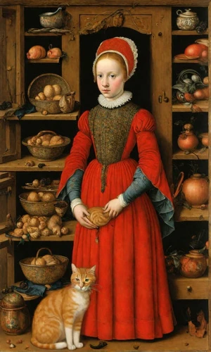 netherlandish,girl with bread-and-butter,girl in the kitchen,catesby,tudor,cranach,miniaturist,cat european,catroux,elizabeth i,woman holding pie,red tabby,ginger cat,pinturicchio,catterton,petrina,elizabethan,reinagle,cucina,foodmaker