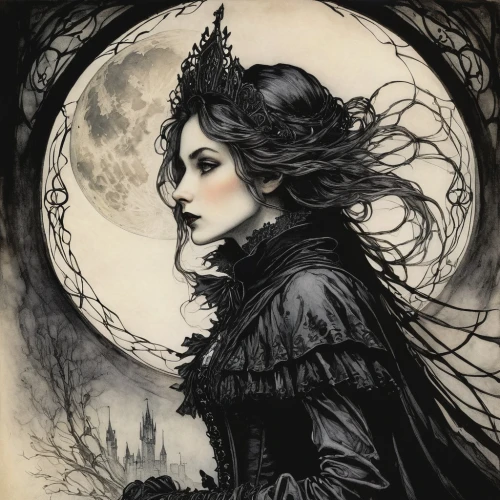 gothic woman,crow queen,hecate,samhain,the witch,gothic portrait,queen of the night,morgana,dark gothic mood,malefic,vampire woman,darkling,vampire lady,maleficent,goth woman,lacrimosa,the enchantress,gothic,elenore,rasputina,Illustration,Retro,Retro 25