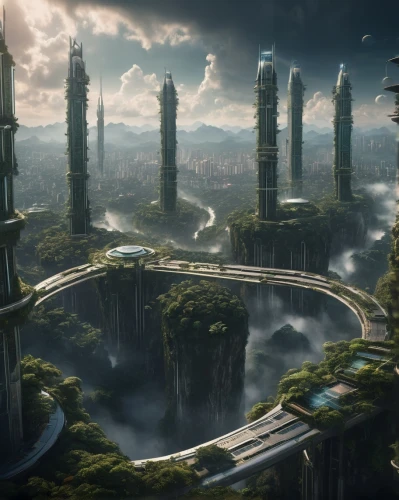 futuristic landscape,arcology,ancient city,citadels,ecotopia,cardassia,naboo,gondolin,tirith,terraformed,fantasy city,rivendell,theed,yavin,skylands,ordos,coruscant,labyrinthian,riftwar,delamar,Photography,General,Cinematic