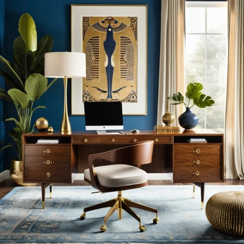 mid century modern,berkus,credenza,blue lamp,mid century,table lamps,danish furniture,modern decor,sideboard,writing desk,interior decor,midcentury,contemporary decor,decoratifs,floor lamp,antique furniture,dark blue and gold,table lamp,blue room,furnishes,Photography,General,Realistic