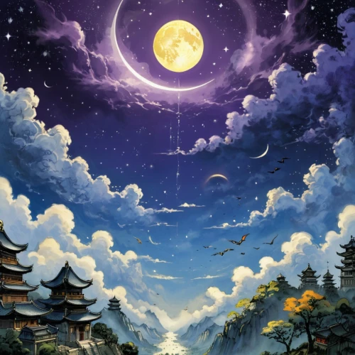 moon and star background,moonlit night,landscape background,lunar landscape,moonlit,hanging moon,moon night,cartoon video game background,mid-autumn festival,beautiful wallpaper,tanabata,moon and star,inuyasha,clear night,night sky,starry sky,moonlight,full moon,moon at night,moon,Illustration,Retro,Retro 25