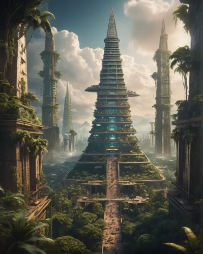 ancient city,ecotopia,ennead,theed,yavin,labyrinthian,topia,terraformed,skylstad,tikal,ziggurat,arcology,step pyramid,the ancient world,barrayaran,terraformer,scythopolis,futuristic landscape,terraform,artemis temple,Photography,General,Cinematic