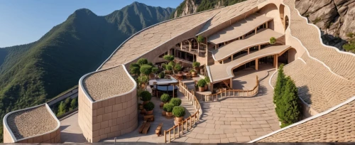 house in mountains,house in the mountains,ladera,hanging houses,dunes house,mountain settlement,3d rendering,ecovillages,mountain huts,terraces,huashan,tigers nest,futuristic architecture,cubic house,cube stilt houses,architettura,niteroi,machupicchu,amanresorts,building valley,Photography,General,Realistic