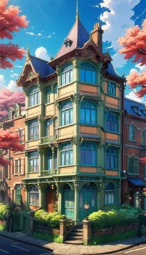 apartment house,apartment building,sky apartment,dreamhouse,apartment complex,beautiful buildings,townhouses,townhome,apartment block,an apartment,mansard,ghibli,apartments,victorian house,rowhouse,kotoko,sylvania,ekonomou,townhouse,brownstones,Illustration,Japanese style,Japanese Style 03