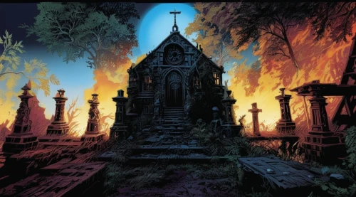 corben,wrightson,necropolis,haunted cathedral,deodato,sepulcher,graveyards,stargrave,sematary,castlevania,cemetry,graveyard,old graveyard,sepulchre,mignola,cirith,cemetary,sepulchral,avantasia,witch house,Illustration,American Style,American Style 06