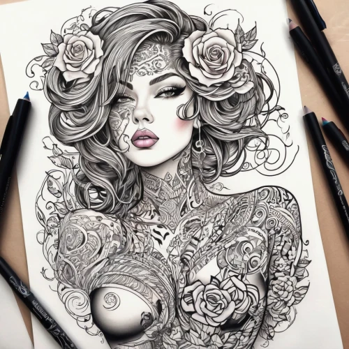 viveros,rosson,rose flower drawing,pencil drawings,gardenias,vanderhorst,kommuna,boho art style,tattoo girl,rose flower illustration,fantasy portrait,jasmine blossom,pencil drawing,porcelain rose,watercolor pin up,persephone,boho art,pen drawing,hand-drawn illustration,mermaid vectors,Illustration,Black and White,Black and White 05