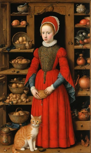 netherlandish,girl with bread-and-butter,girl in the kitchen,tudor,miniaturist,red tabby,woman holding pie,cranach,foodmaker,catroux,girl with cereal bowl,catesby,cat european,ginger cat,pinturicchio,elizabethan,bellini,cucina,petrina,elizabeth i