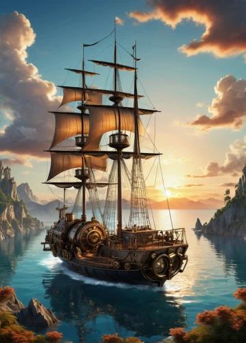 sea sailing ship,sailing ship,sail ship,pirate ship,galleon,caravel,sailing ships,sea fantasy,three masted sailing ship,tallship,fantasy picture,pirate treasure,merchantman,boat landscape,whydah,fireships,commandeer,sailing boat,schoolship,black pearl,Conceptual Art,Fantasy,Fantasy 25