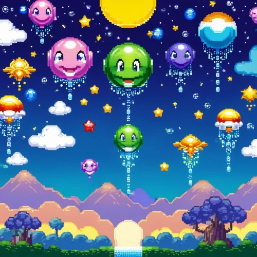 star balloons,slimes,puyo,kawaii frogs,fairy world,frog background,planet alien sky,alien world,space invaders,parodius,fairy galaxy,keroro,megaplumes,alien planet,sprites,rainbow background,pixaba,haro,ufo,puni,Unique,Pixel,Pixel 02