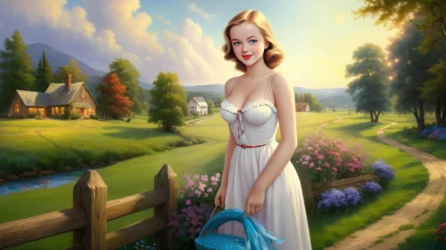 girl in a long dress,maureen o'hara - female,fantasy picture,girl in the garden,girl with dog,delvaux,woman with ice-cream,milkmaids,world digital painting,girl in white dress,housemaid,heatherley,countrywoman,countrywomen,milkmaid,dorthy,hildebrandt,whitmore,lachapelle,tretchikoff