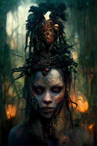 vodun,voodoo woman,witchdoctor,shamanic,shaman,dryad,headdress,enchantress,mystical portrait of a girl,fantasy portrait,warrior woman,fantasy art,the enchantress,dryads,shamans,shamanism,tantrik,dark art,ritualist,niobe