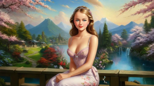 springtime background,fantasy picture,spring background,landscape background,japanese sakura background,fantasy art,world digital painting,retro pin up girl,girl on the river,pin-up girl,art painting,the cherry blossoms,the blonde in the river,photo painting,connie stevens - female,valentine pin up,forest background,valentine day's pin up,godward,ninfa