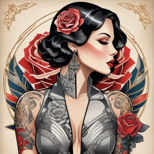 baroness,viveros,valentine pin up,chicana,tattoo girl,watercolor pin up,valentine day's pin up,geisha girl,chicanas,rockabilly style,flamenca,rose flower illustration,retro pin up girl,rockabilly,tattooist,rosa ' amber cover,pin up girl,pin ups,queen of hearts,geisha,Illustration,Vector,Vector 18