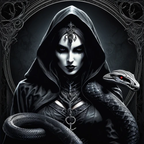 vipera,hecate,serpents,malefic,sorceresses,yavana,ventress,sorceress,morwen,auditore,black snake,serpent,ravenloft,sithara,asatru,gothic woman,neverwinter,neverthless,serpentis,norns,Illustration,Realistic Fantasy,Realistic Fantasy 46