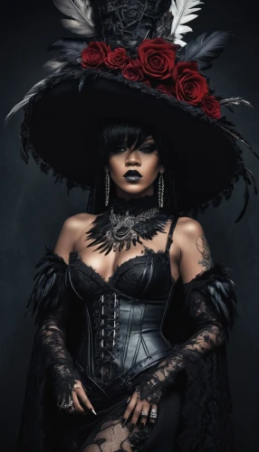 countess,rasputina,the hat of the woman,black queen,gothic woman,derivable,voodoo woman,witch hat,black hat,gothic portrait,black rose,the hat-female,villainess,crow queen,masquerade,victoriana,bruja,halloween witch,witching,helsing,Illustration,Realistic Fantasy,Realistic Fantasy 46